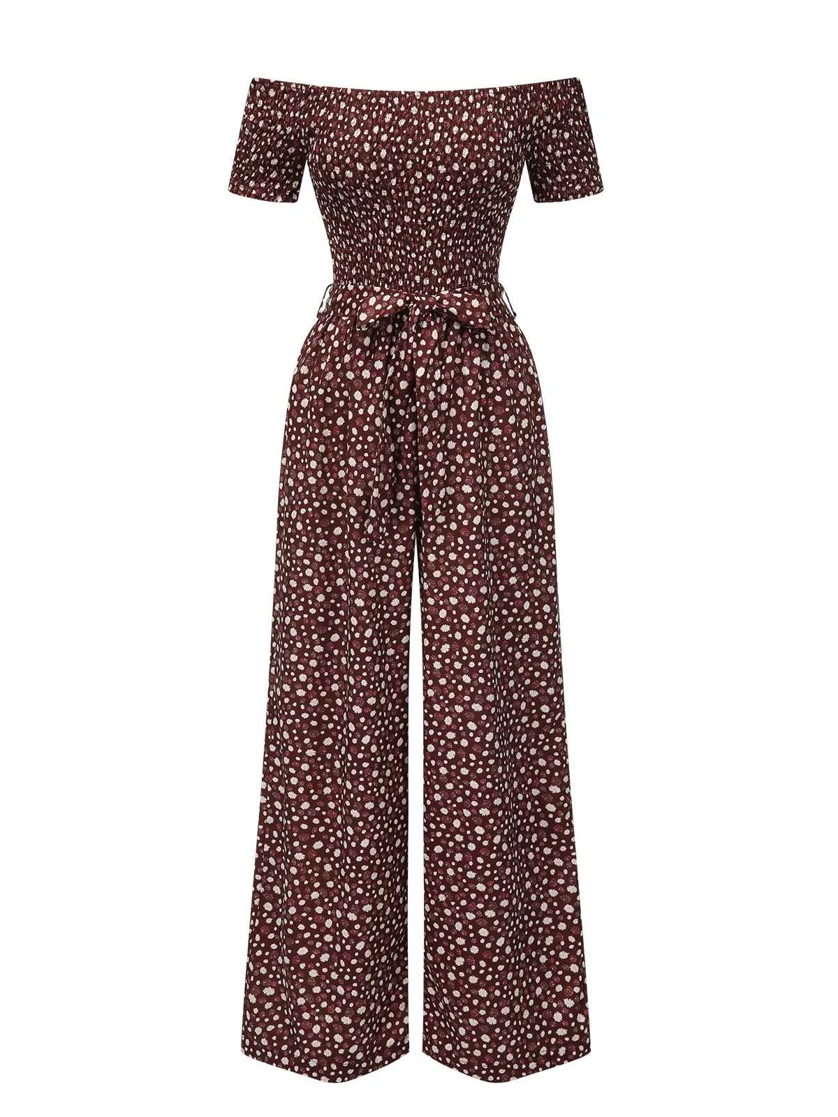 Red 1940s Off-Shoulder Ditsy Smocked Jumpsuit sold by Retro Stage