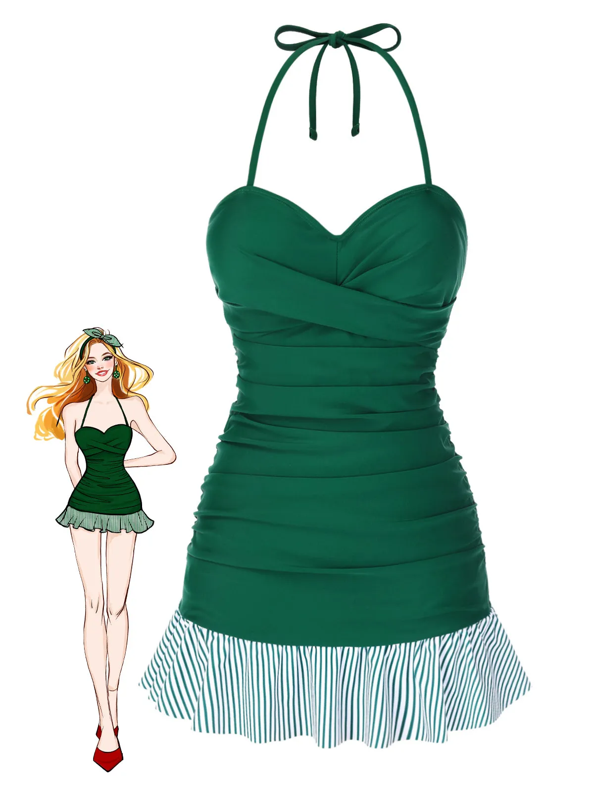 Green 1930s Striped Ruffles Ruched Halter Swimsuit sold by Retro Stage