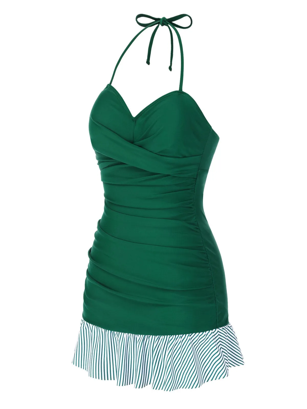 Green 1930s Striped Ruffles Ruched Halter Swimsuit sold by Retro Stage product image thumbnail 4