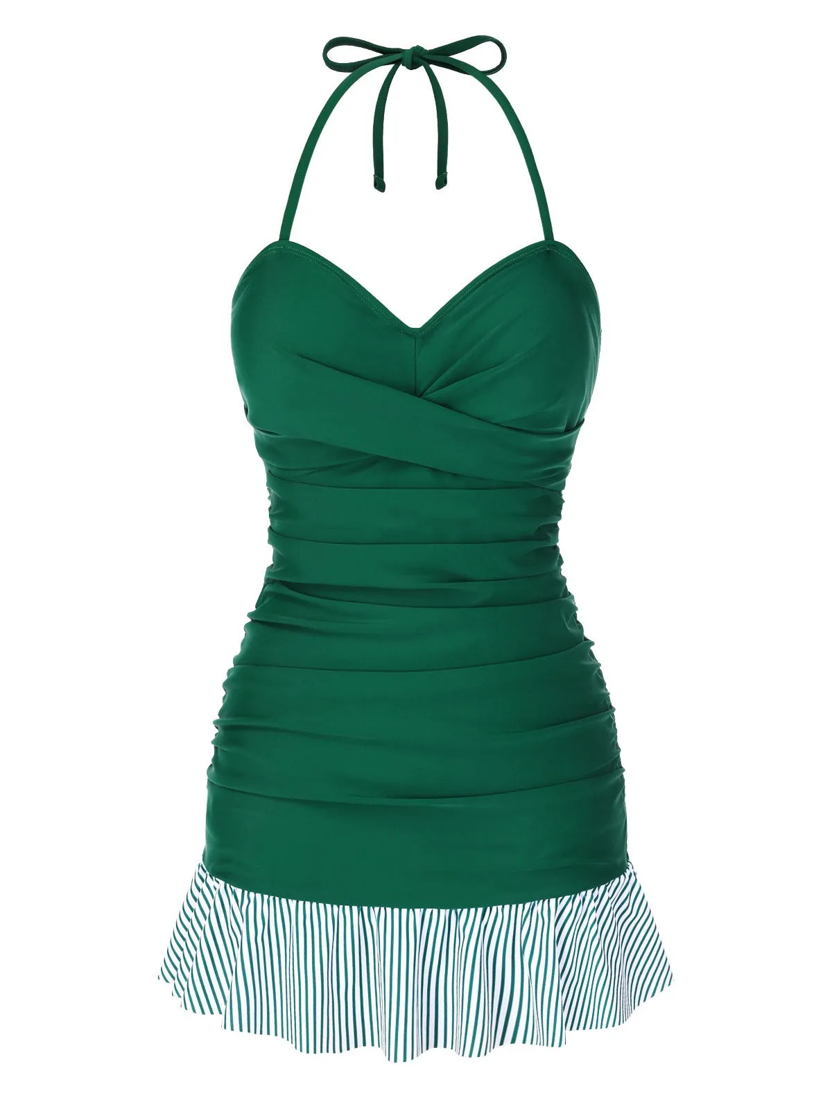 Green 1930s Striped Ruffles Ruched Halter Swimsuit sold by Retro Stage product image thumbnail 3