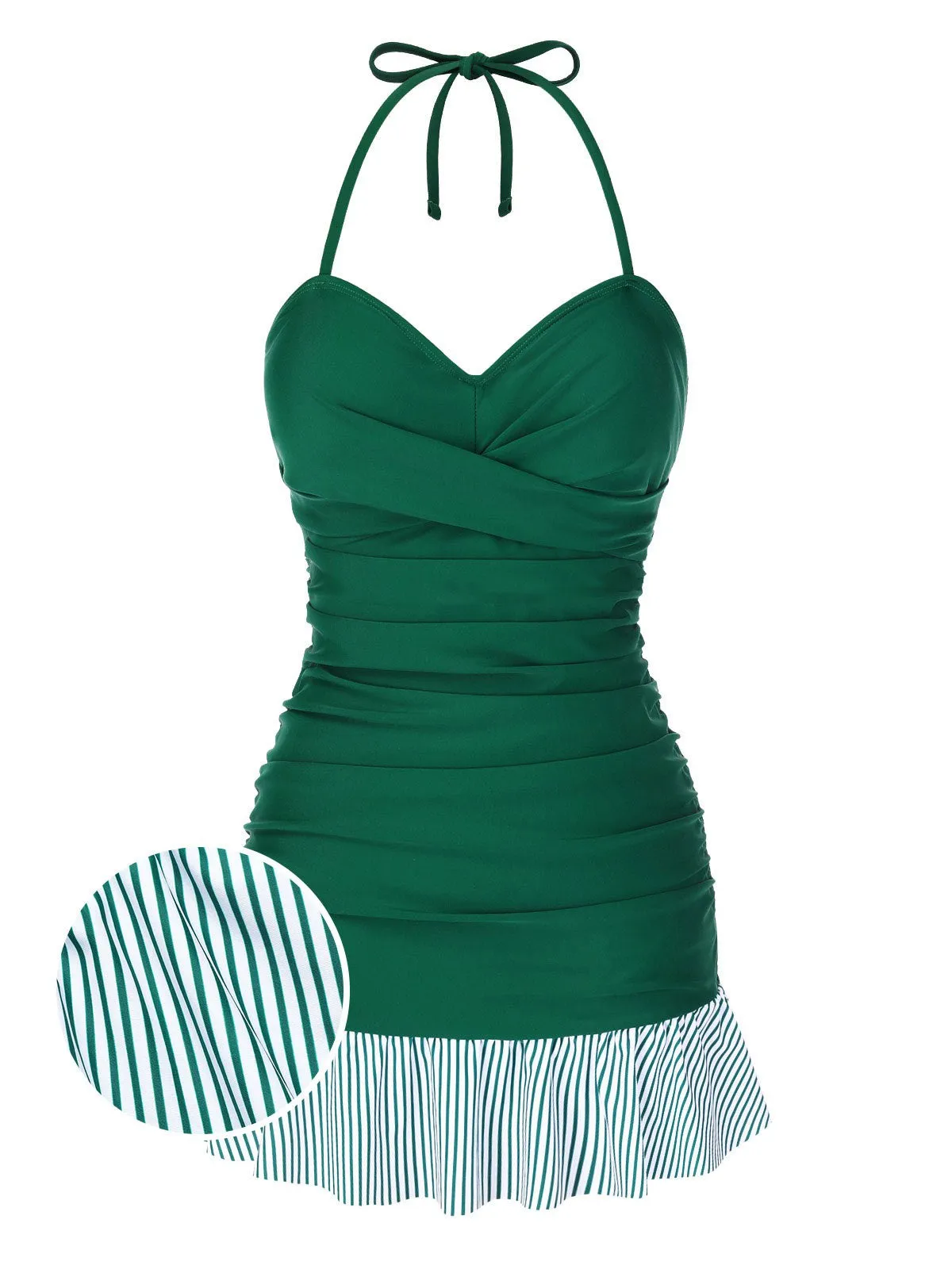 Green 1930s Striped Ruffles Ruched Halter Swimsuit sold by Retro Stage product image thumbnail 2