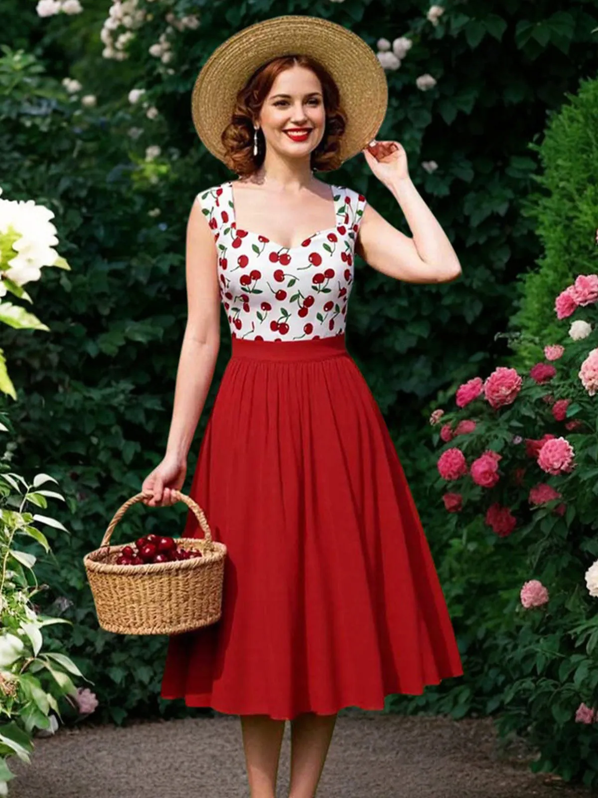 Red 1950s Sweetheart Neck Cap-Sleeve Cherry Dress sold by Retro Stage product image thumbnail 2