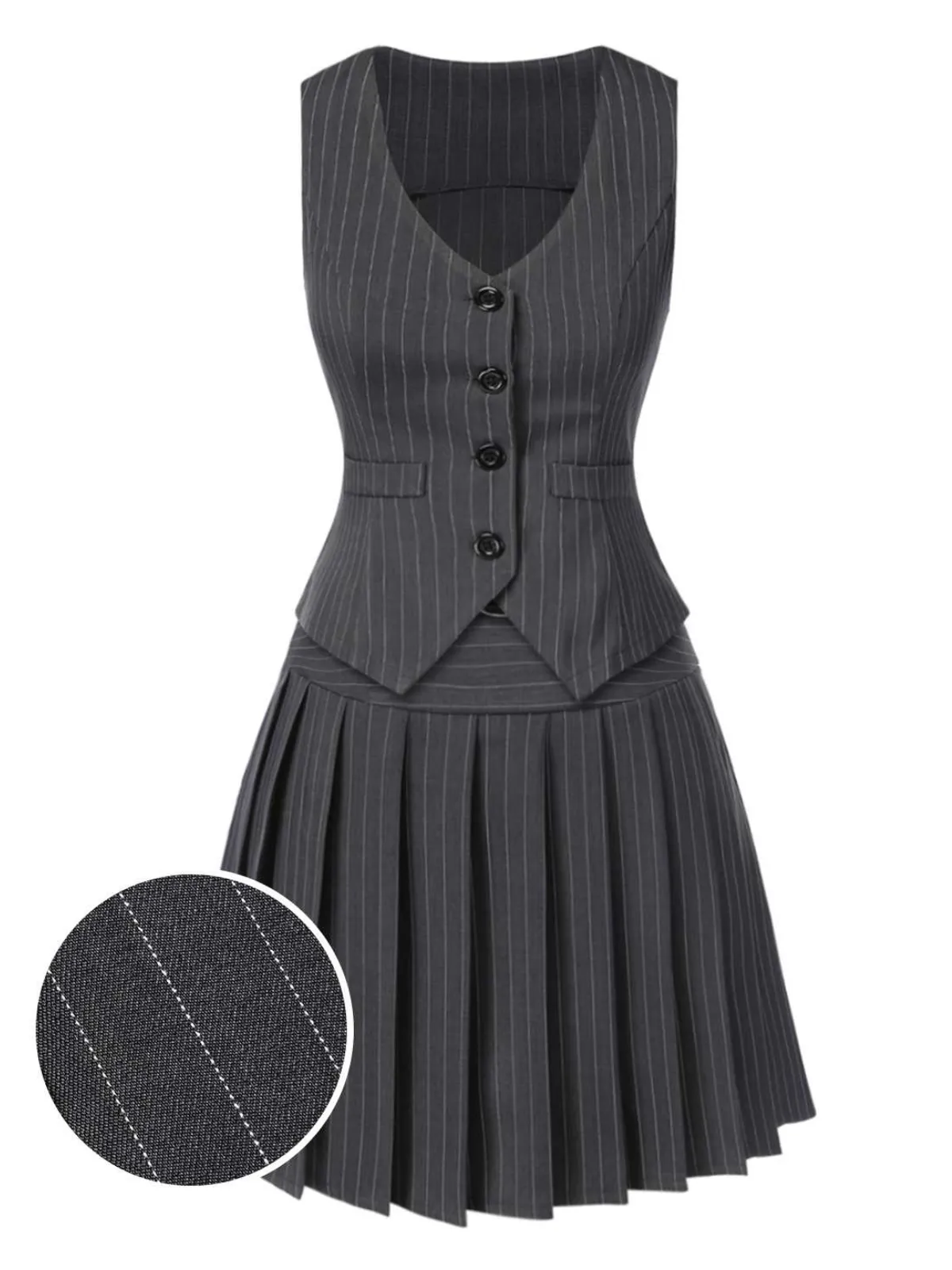 2PCS Dark Gray 1960s Pinstripes Top & Pleated Skirt sold by Retro Stage product image thumbnail 2