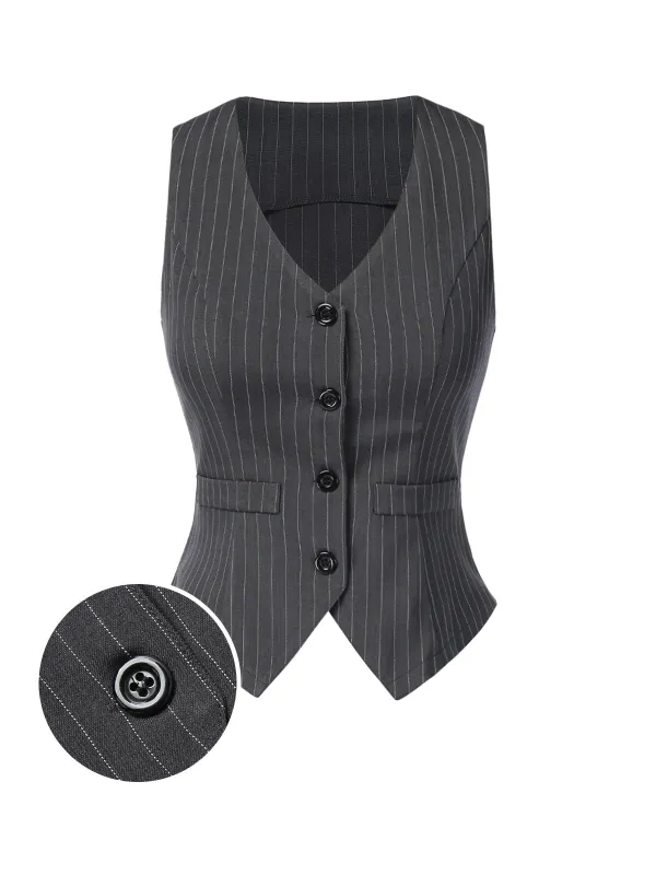 Dark Gray 1960s V-Neck Pinstripes Sleeveless Top sold by Retro Stage