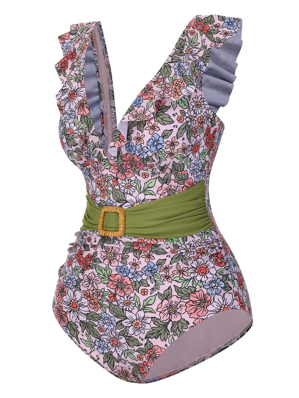 1950s V-Neck Ruffle Shoulder Belted Swimsuit sold by Retro Stage product image thumbnail 2