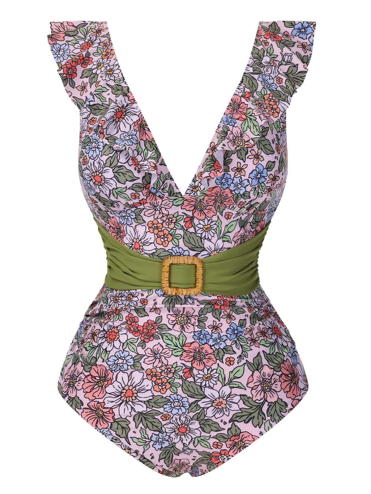 1950s V-Neck Ruffle Shoulder Belted Swimsuit sold by Retro Stage