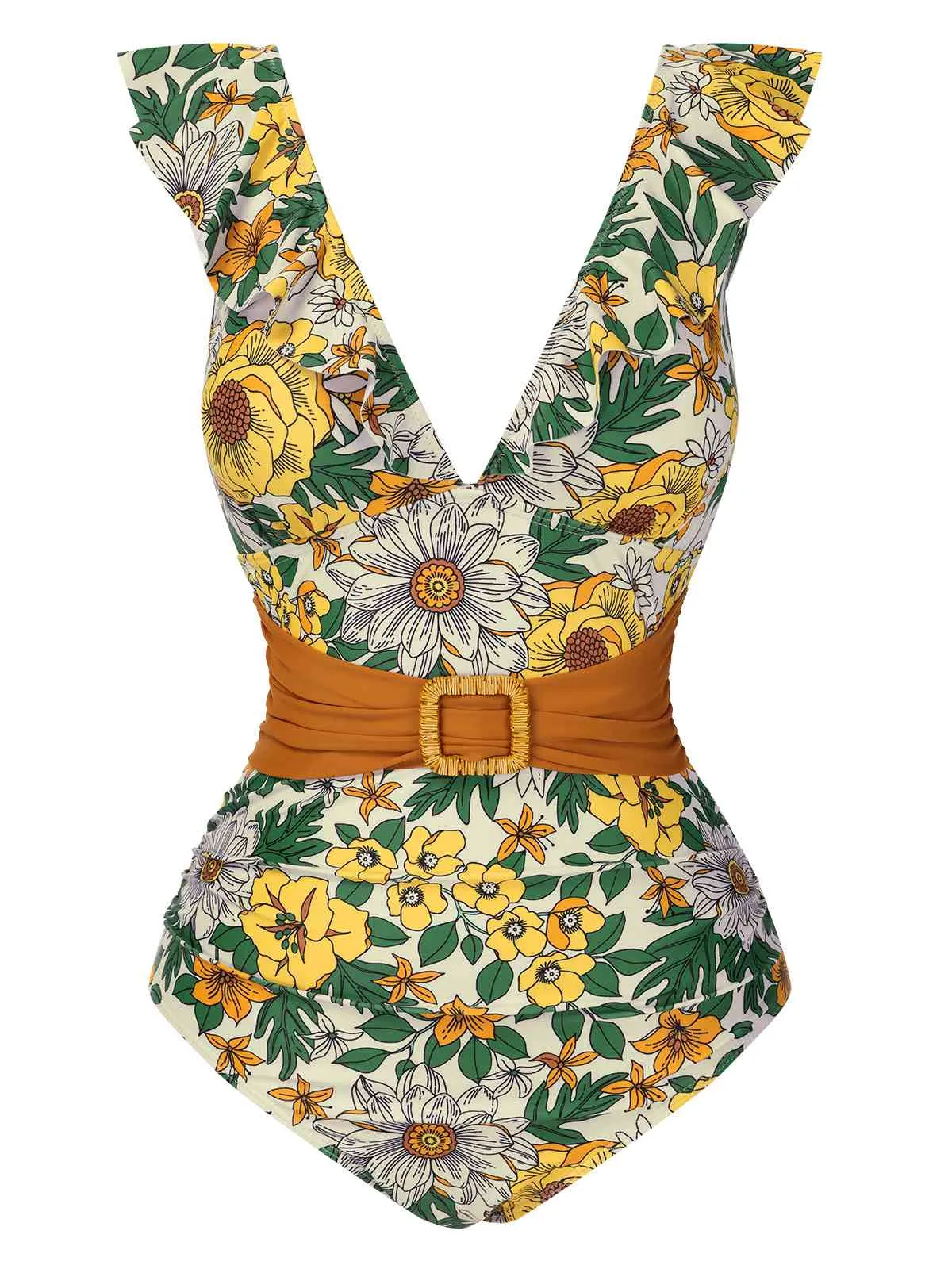 1950s V-Neck Ruffle Shoulder Belted Swimsuit sold by Retro Stage product image thumbnail 5