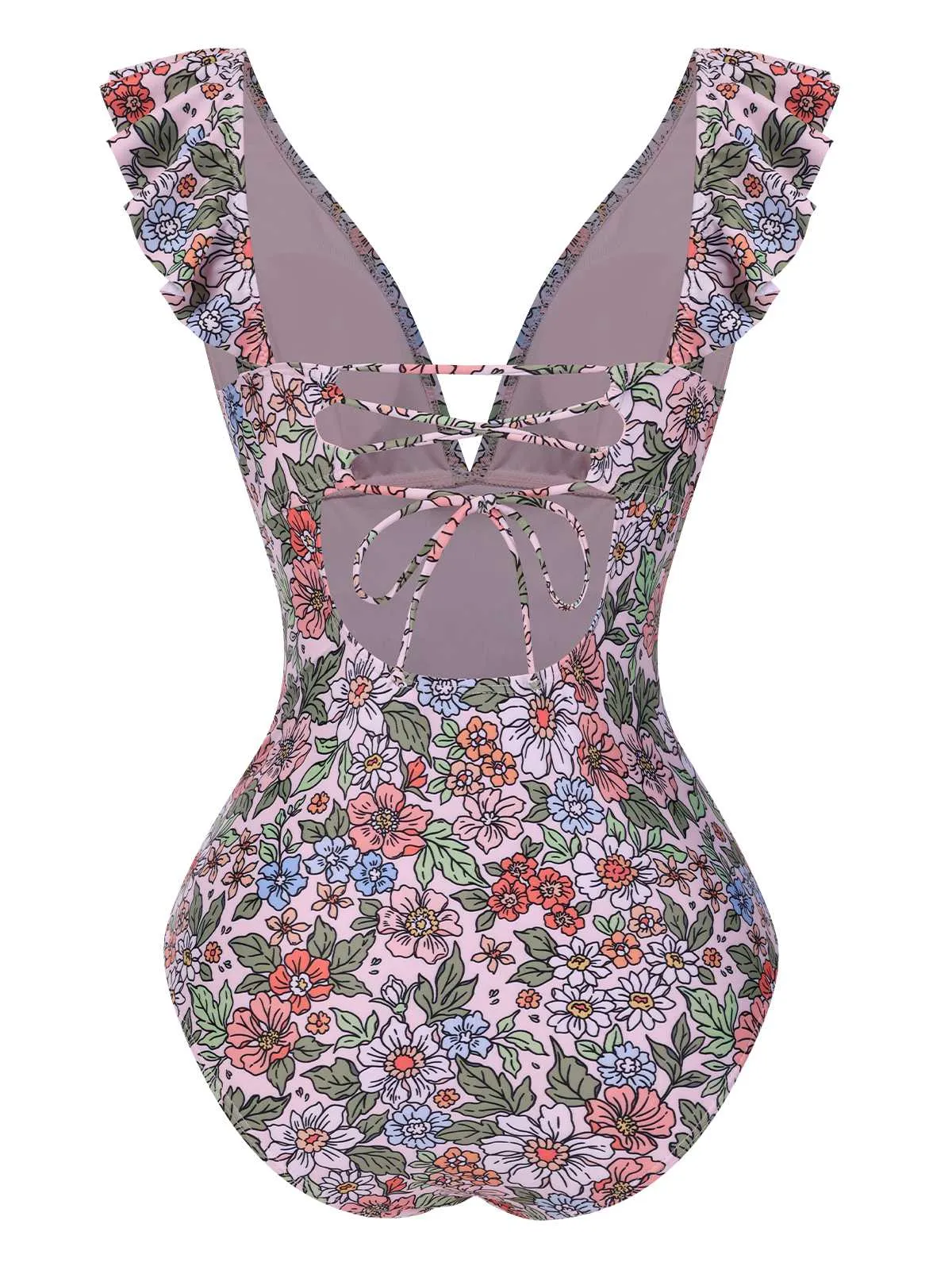 1950s V-Neck Ruffle Shoulder Belted Swimsuit sold by Retro Stage product image thumbnail 3