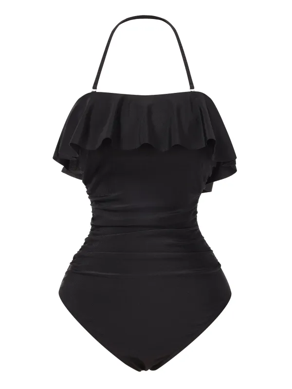 Black 1950s Ruffles Halter One-Piece Swimsuit sold by Retro Stage