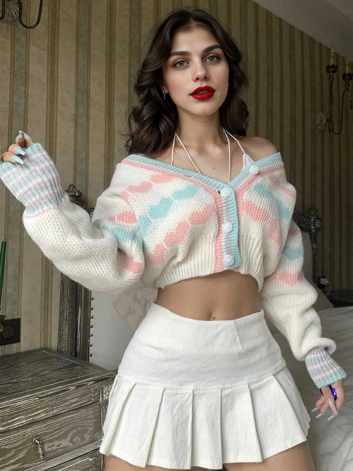 Multicolor 1960s Hearts Rose Button Cardigan sold by Retro Stage product image thumbnail 4