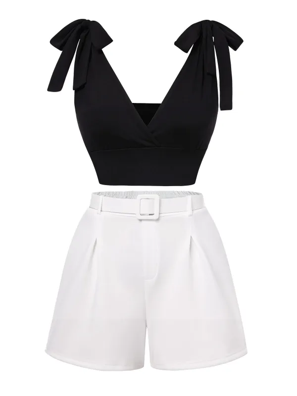 1960s Solid Black Shoulder Tie Top & White Belted Shorts sold by Retro Stage