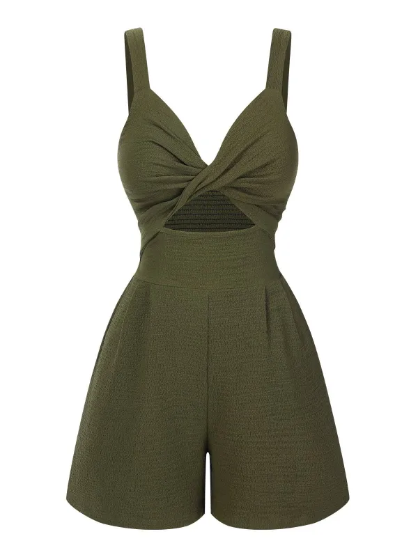 Green 1940s Solid Hollow-Out Twisted Romper sold by Retro Stage