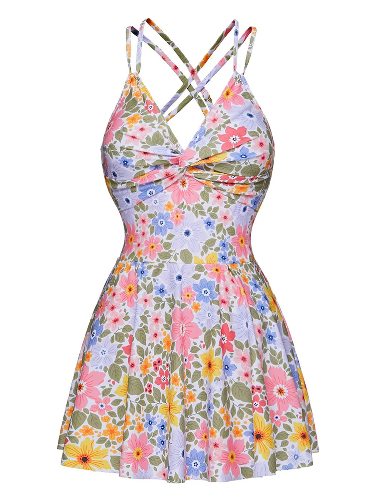 Multicolor 1940s Floral Back Cross Straps Swimsuit sold by Retro Stage