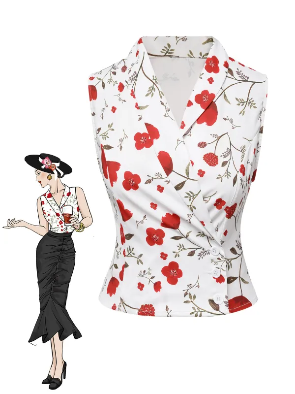 White 1930s Floral Asymmetric Lapel Top sold by Retro Stage