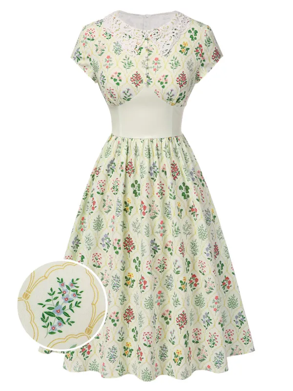 Beige 1940s Floral Lace Collar Cap Sleeve Dress sold by Retro Stage