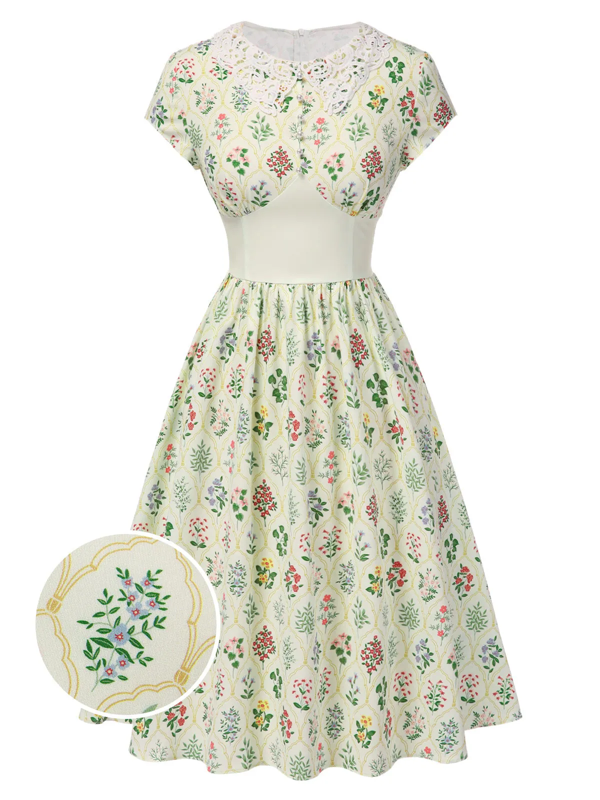 Beige 1940s Floral Lace Collar Cap Sleeve Dress sold by Retro Stage