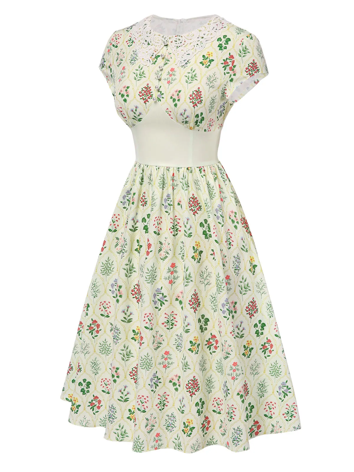 Beige 1940s Floral Lace Collar Cap Sleeve Dress sold by Retro Stage product image thumbnail 3