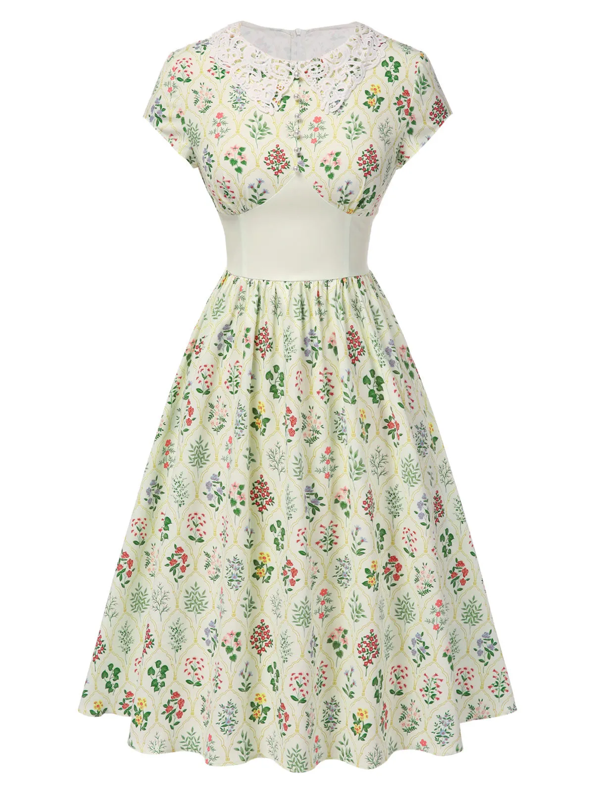 Beige 1940s Floral Lace Collar Cap Sleeve Dress sold by Retro Stage product image thumbnail 2