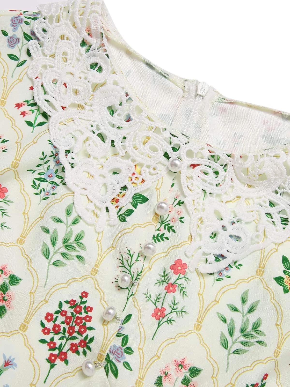 Beige 1940s Floral Lace Collar Cap Sleeve Dress sold by Retro Stage product image thumbnail 5