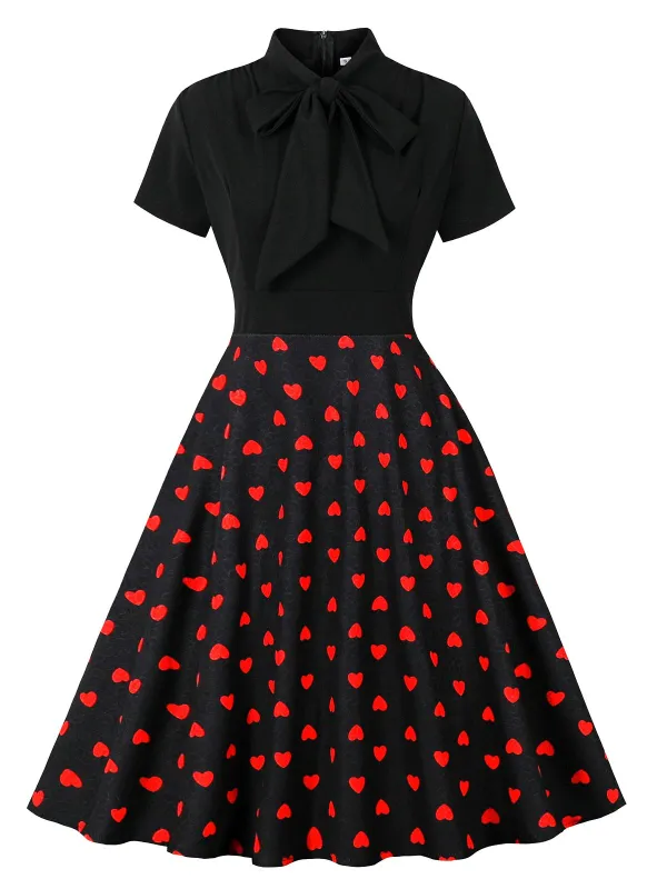 Black 1950s Tie-Neck Heart Dots Dress sold by Retro Stage