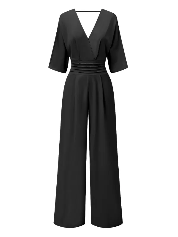 1940s Solid V-Neck Half Sleeves Jumpsuit sold by Retro Stage