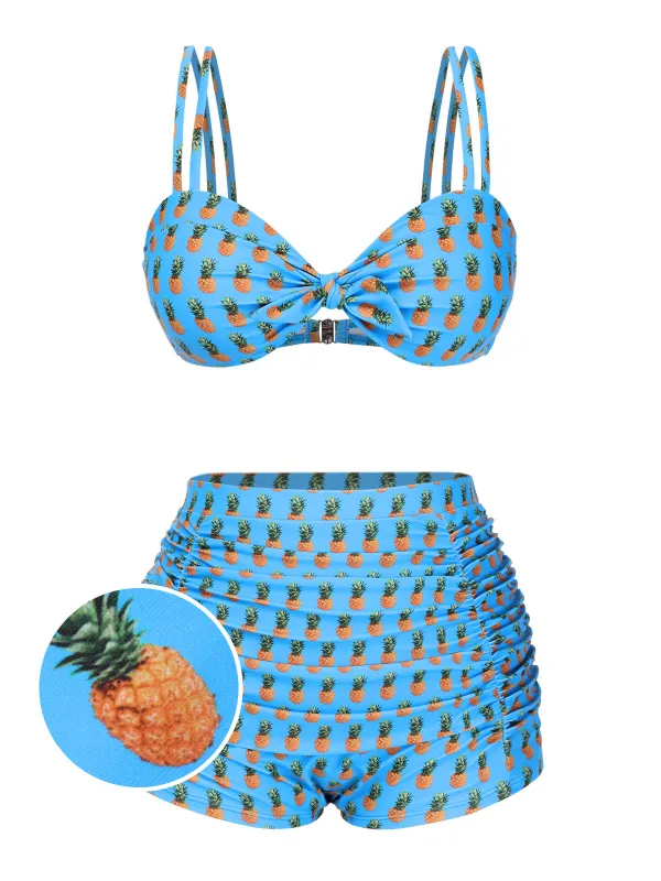 Blue 1950s Pineapple Strap Bow Swimsuit sold by Retro Stage