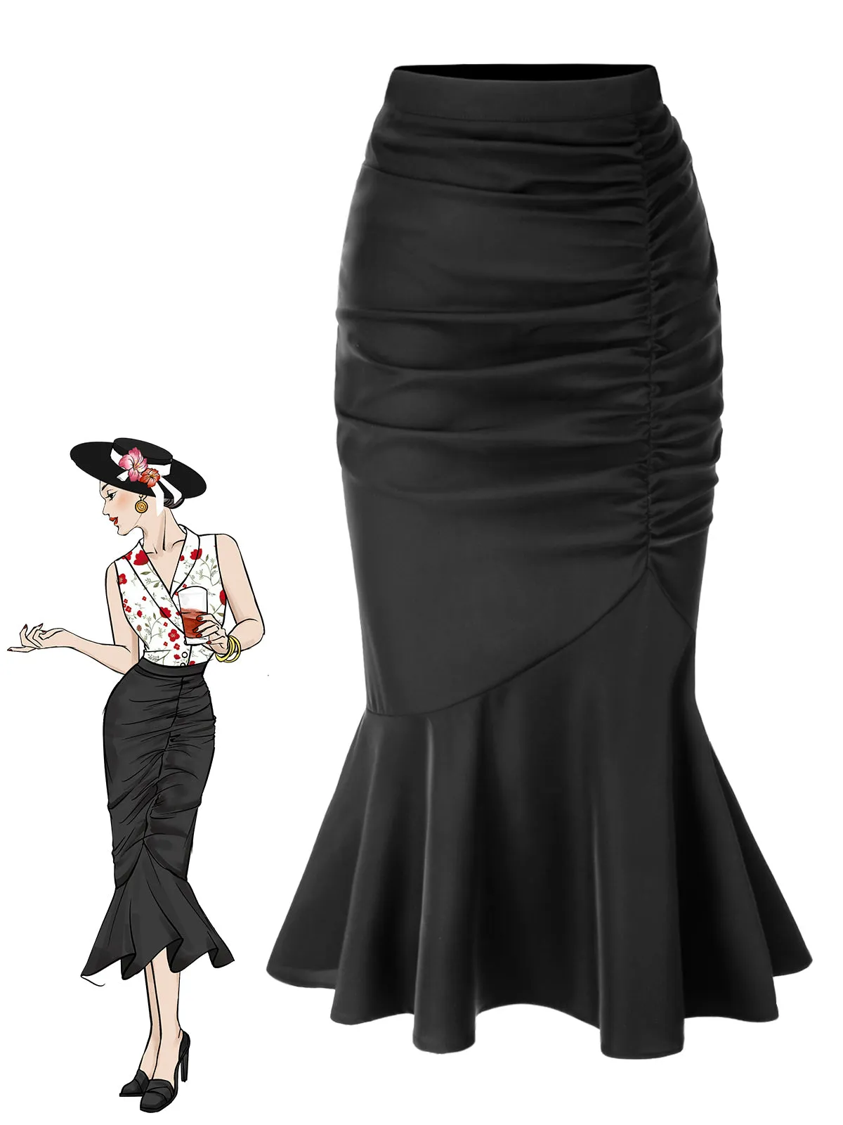 Black 1930s Asymmetric Pleated Fishtail Skirt sold by Retro Stage