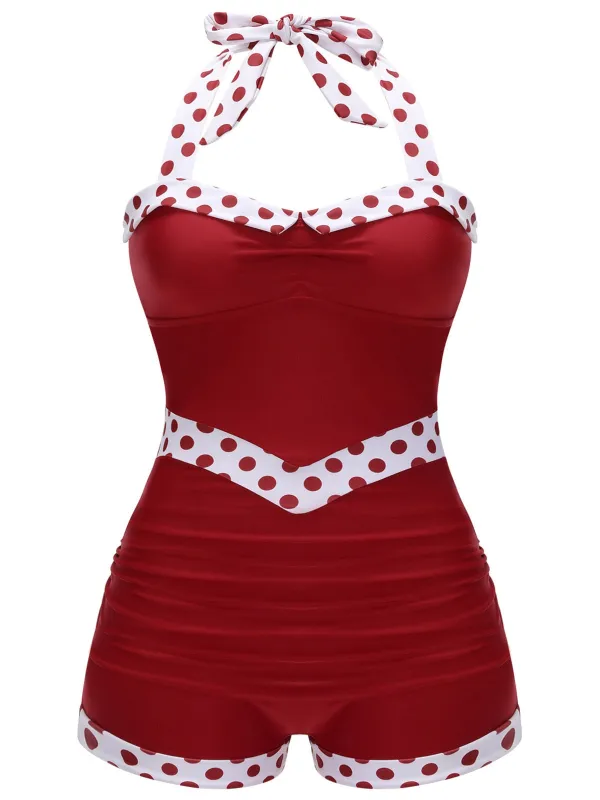 [Plus Size] Red 1940s Dots Patchwork Halter Swimsuit sold by Retro Stage