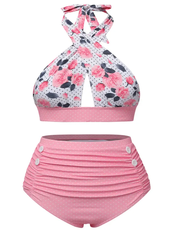 [Plus Size] Pink 1940s Floral Cross Halter Swimsuit sold by Retro Stage