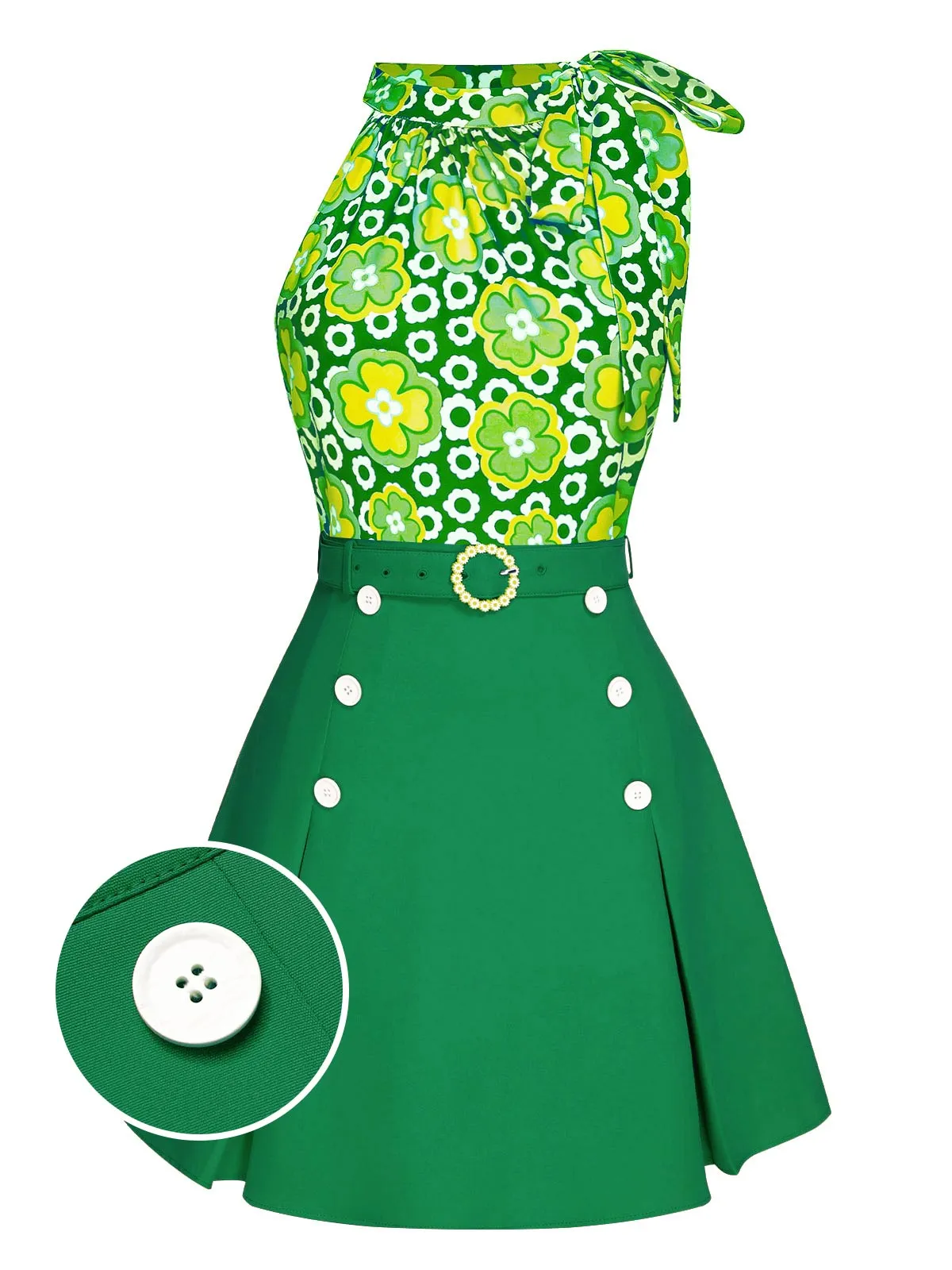 2PCS 1960s Tie Neck Floral Top & Button Solid Skirt sold by Retro Stage