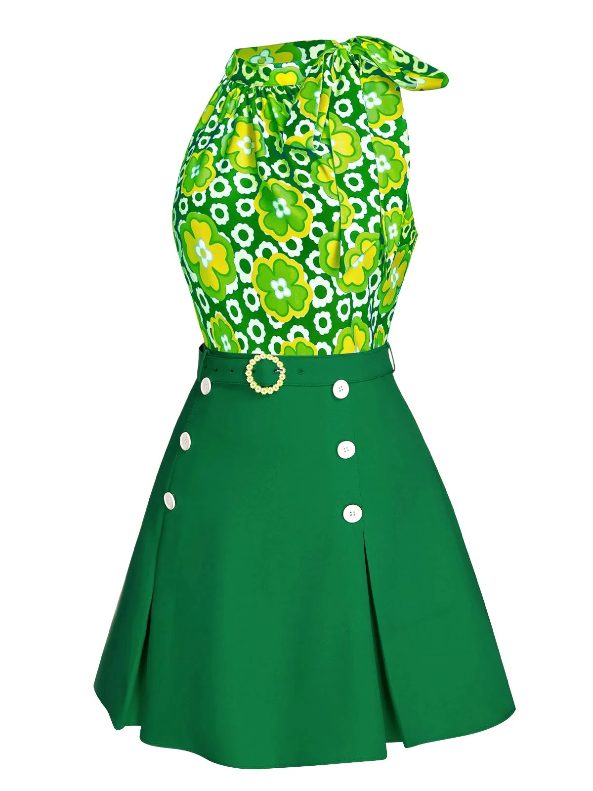 2PCS 1960s Tie Neck Floral Top & Button Solid Skirt sold by Retro Stage product image thumbnail 3