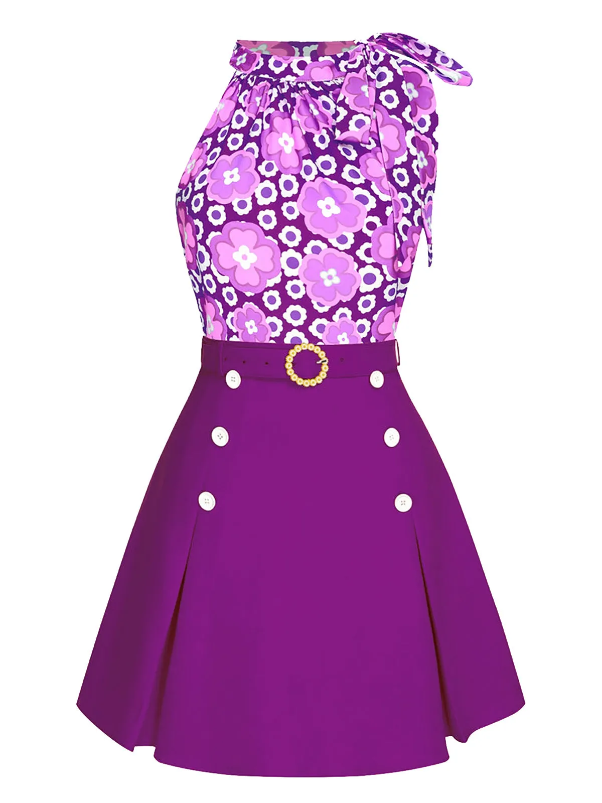 2PCS 1960s Tie Neck Floral Top & Button Solid Skirt sold by Retro Stage product image thumbnail 5