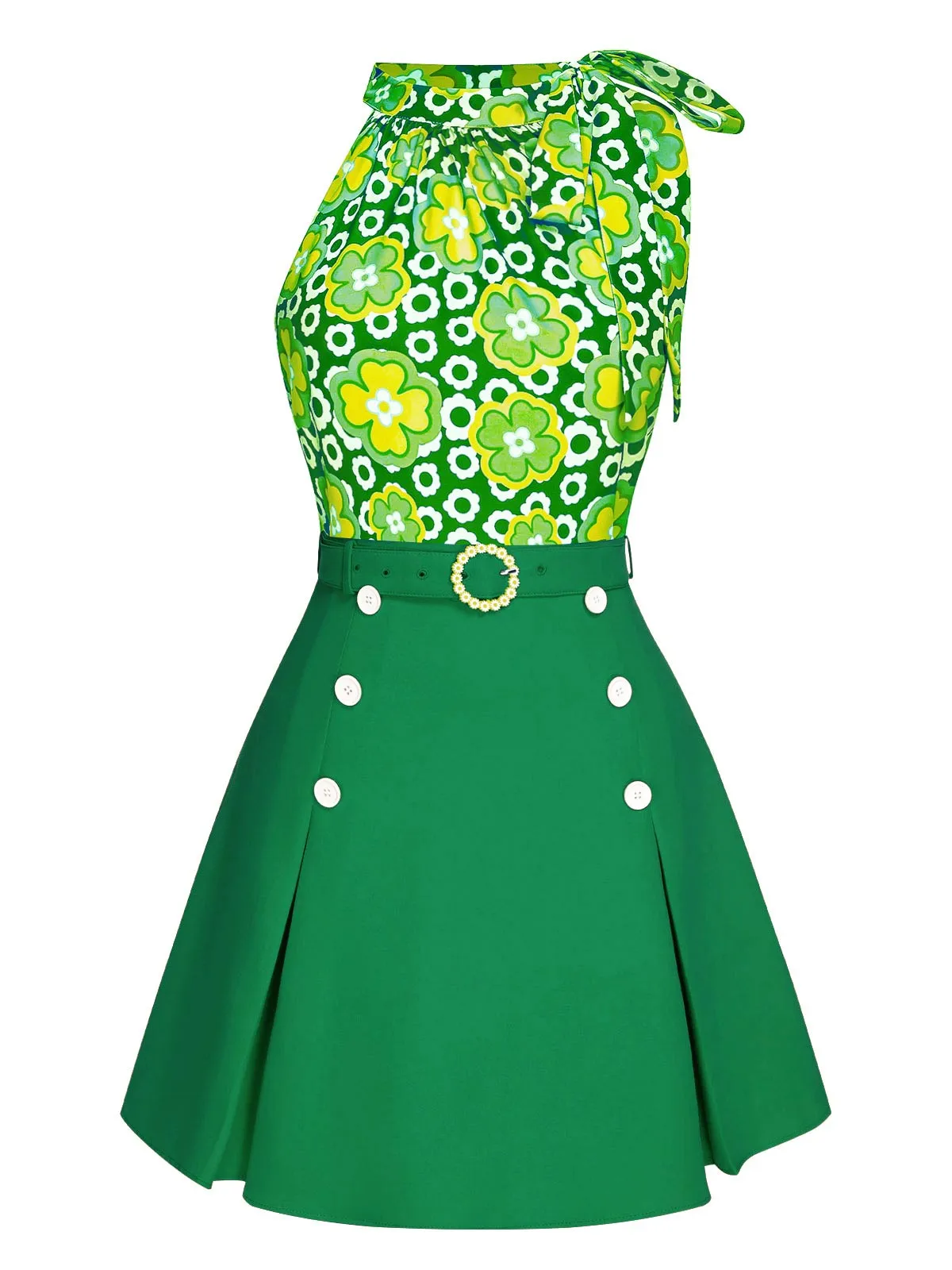 2PCS 1960s Tie Neck Floral Top & Button Solid Skirt sold by Retro Stage product image thumbnail 2