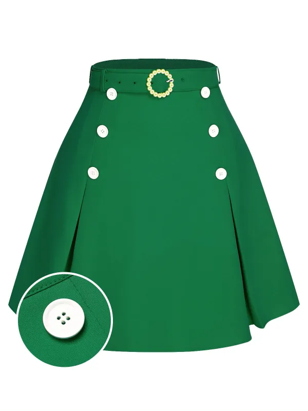 Green 1960s Button Solid Belted Skirt sold by Retro Stage