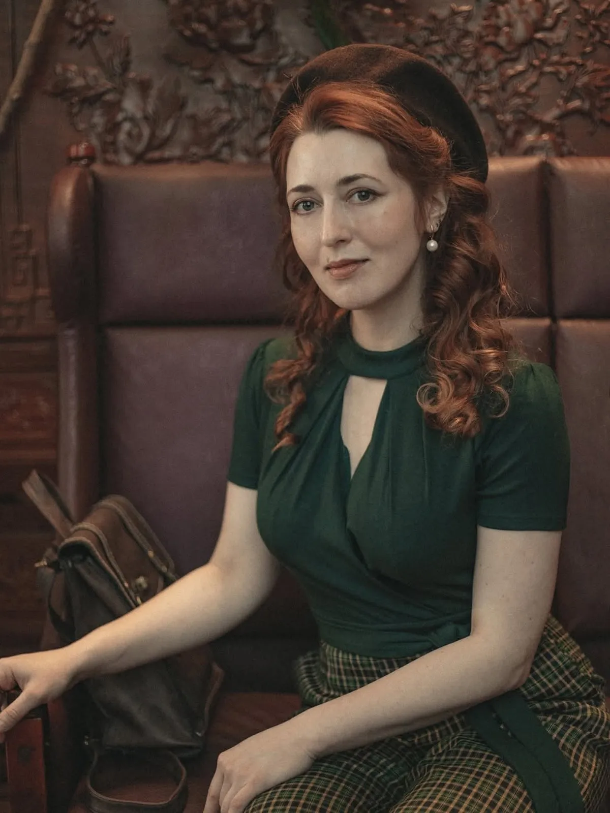 Green 1930s Plaid Keyhole Neck Belted Jumpsuit sold by Retro Stage