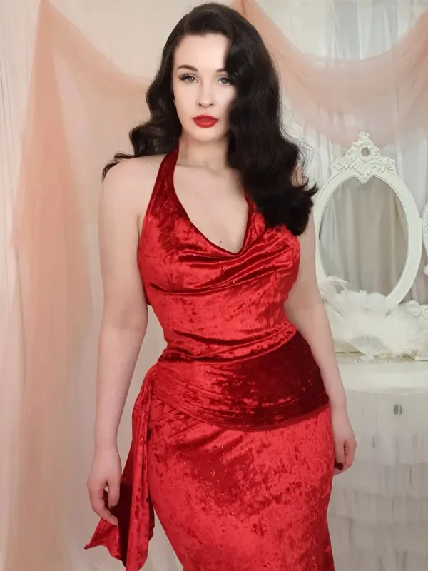 Deep Red 1930s Glitter Cowl Neck Mermaid Dress sold by Retro Stage