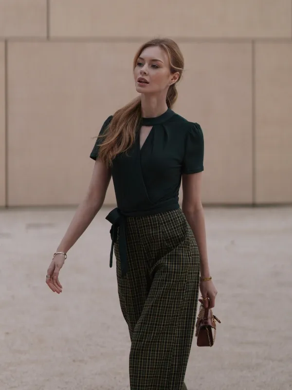 Green 1930s Plaid Keyhole Neck Belted Jumpsuit sold by Retro Stage