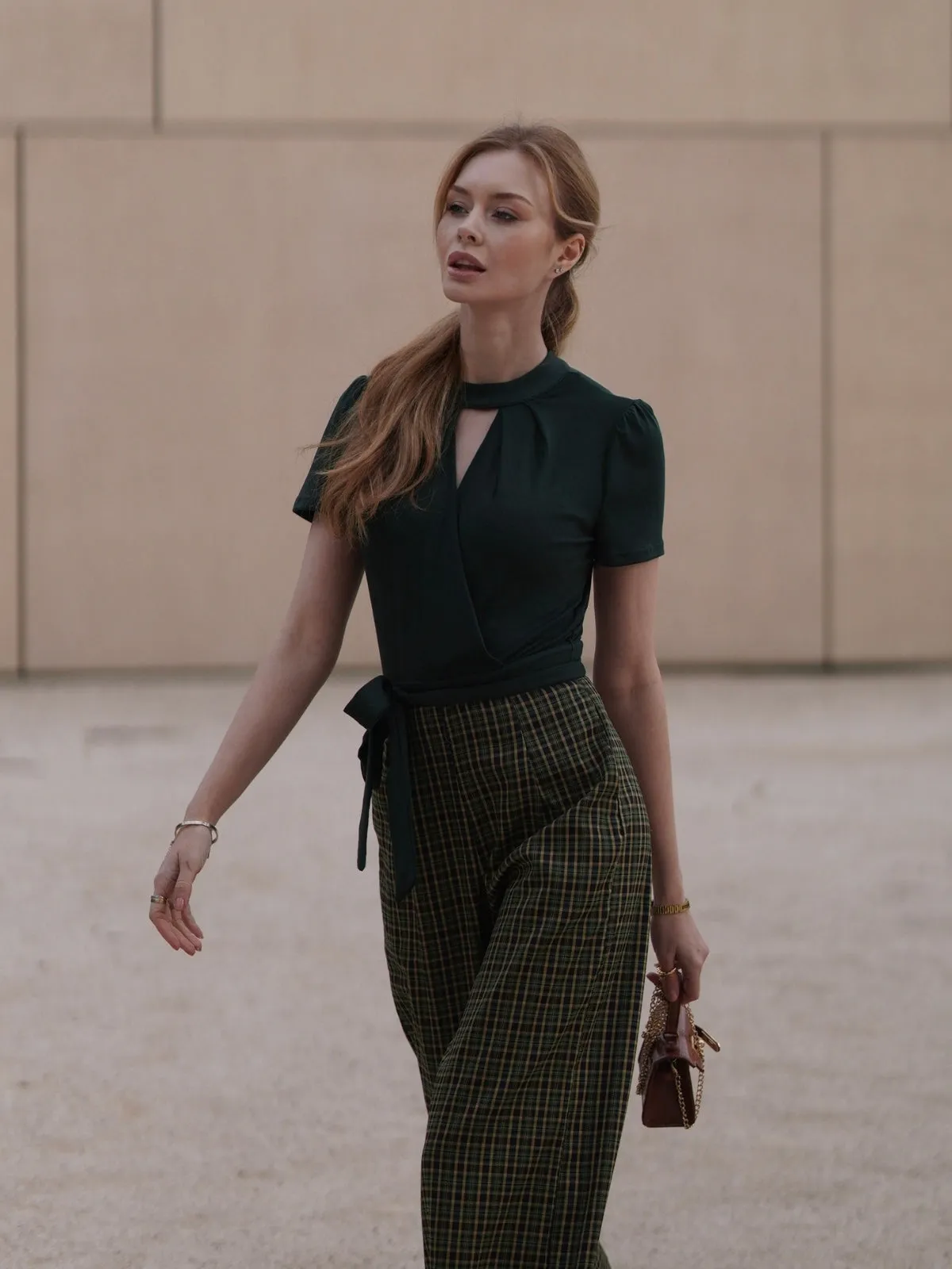 Green 1930s Plaid Keyhole Neck Belted Jumpsuit sold by Retro Stage