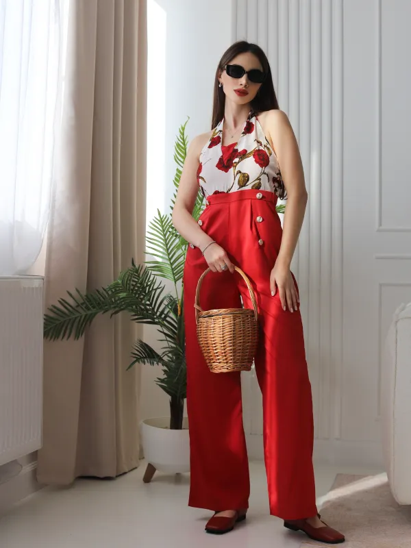 Red 1930s Halter Deep V-Neck Roses Jumpsuit sold by Retro Stage