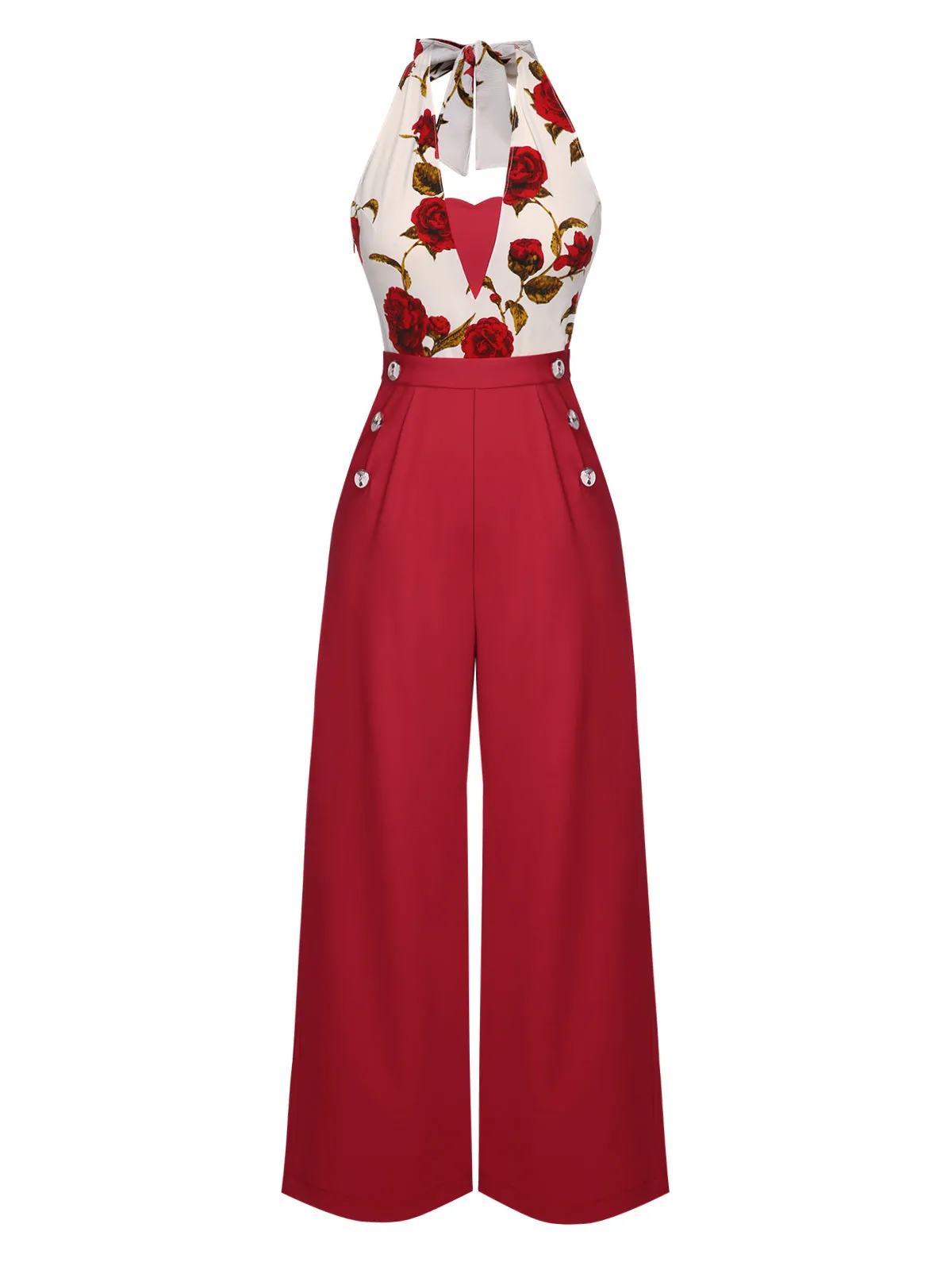 Red 1930s Halter Deep V-Neck Roses Jumpsuit sold by Retro Stage product image thumbnail 3