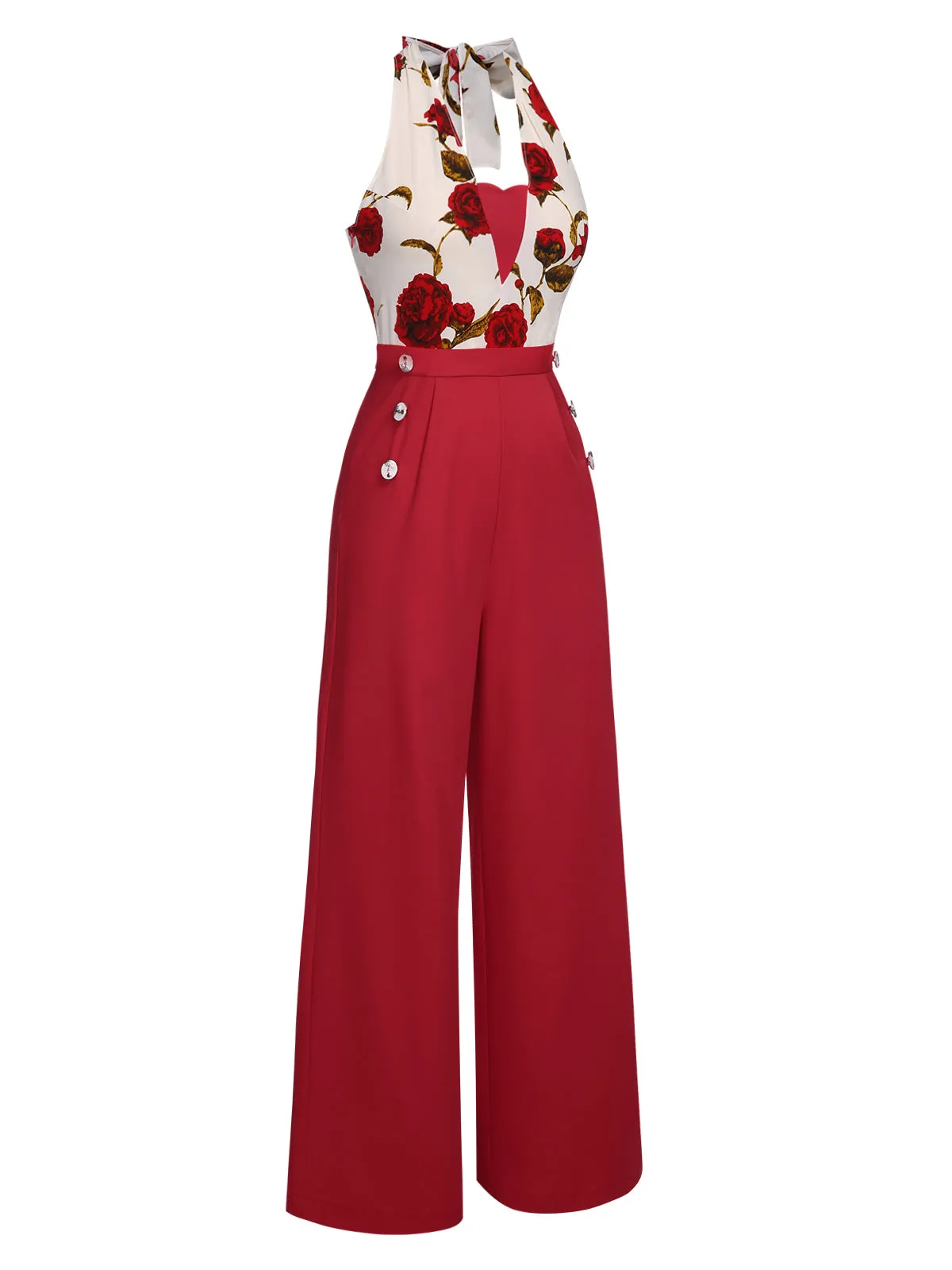 Red 1930s Halter Deep V-Neck Roses Jumpsuit sold by Retro Stage product image thumbnail 4