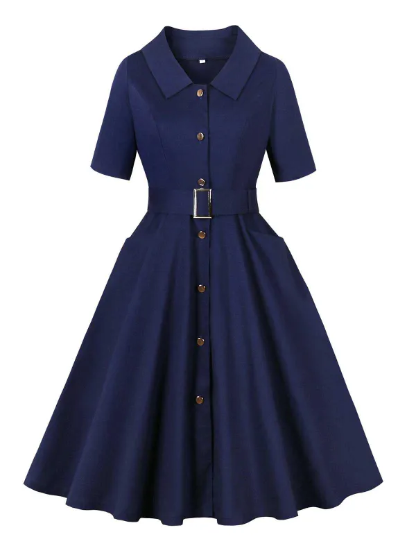 Dark Blue 1950s Peter Pan Collar Belted Dress sold by Retro Stage