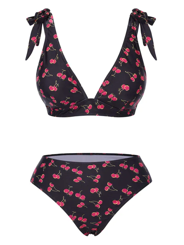 Black 1960s Tie Strap Cherry Swimsuit sold by Retro Stage