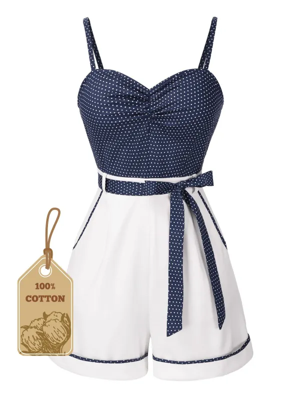 Blue 1940s Polka Dot Patchwork Suspender Romper sold by Retro Stage