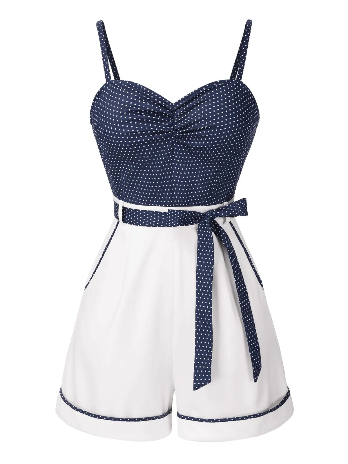 Blue 1940s Polka Dot Patchwork Suspender Romper sold by Retro Stage product image thumbnail 3