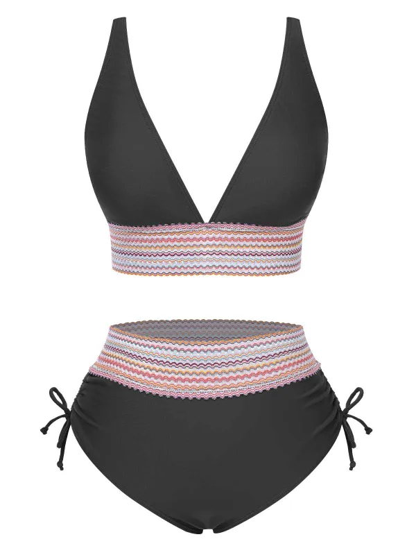 1970s V-Neck Patchwork High-Waist Bikini sold by Retro Stage