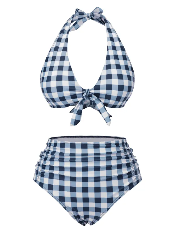 Blue 1950s Halter High-Waist Plaids Swimsuit sold by Retro Stage