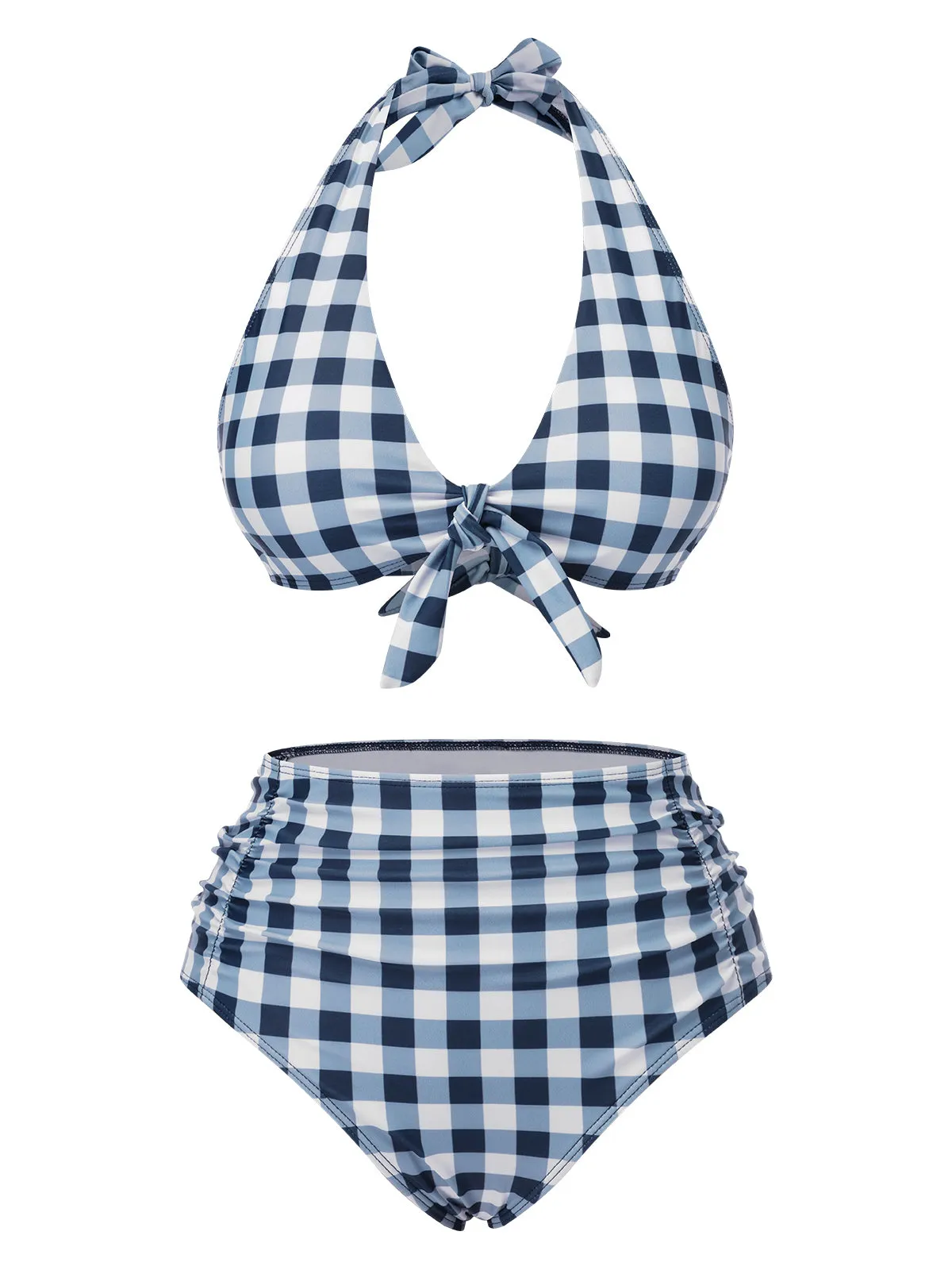 Blue 1950s Halter High-Waist Plaids Swimsuit sold by Retro Stage