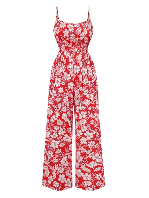 Red 1930s Spaghetti Strap Floral Wide-Leg Jumpsuit sold by Retro Stage