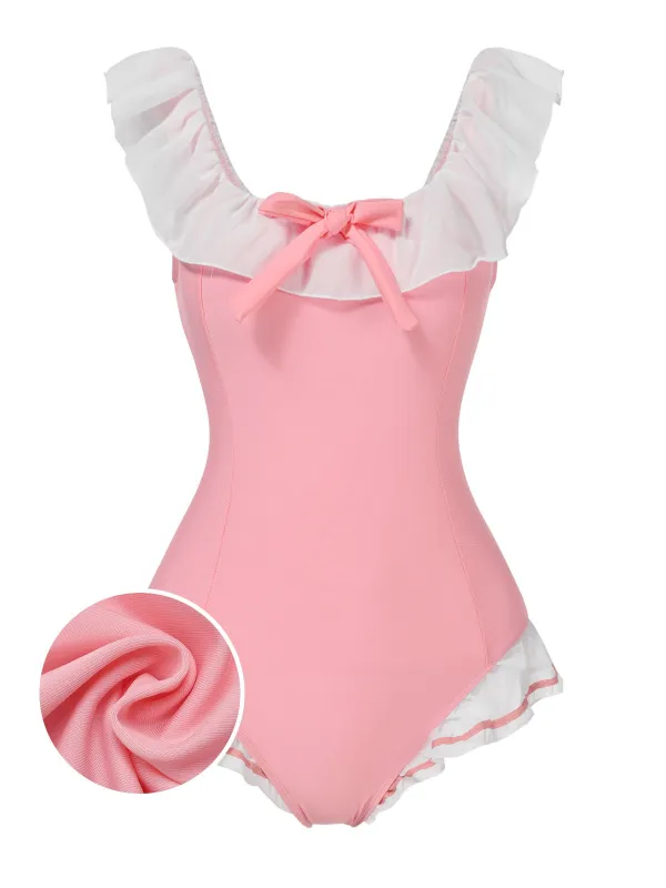 Pink 1950s Bowknot Lapel One-Piece Swimsuit sold by Retro Stage